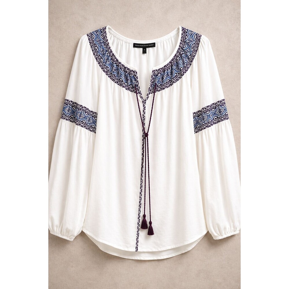 White House Black Market White Peasant Blouse with Blue Embroidery